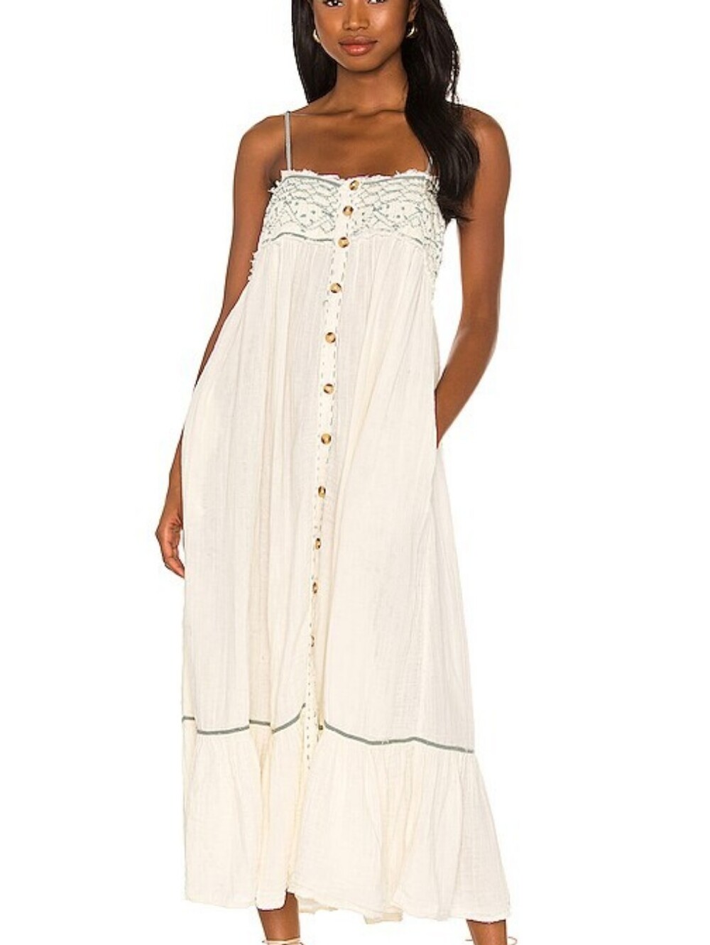 Free People Linda Joe Midi Dress In Gardenia Size Medium Ivory Cream Grey-Blue